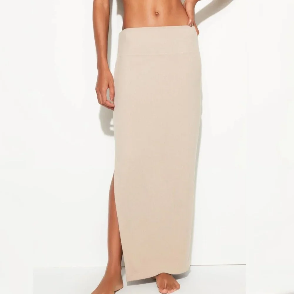 New Spiritual Gangster - L Raquel‎ Rib Maxi Slit Skirt Tan/Palo Santo $128